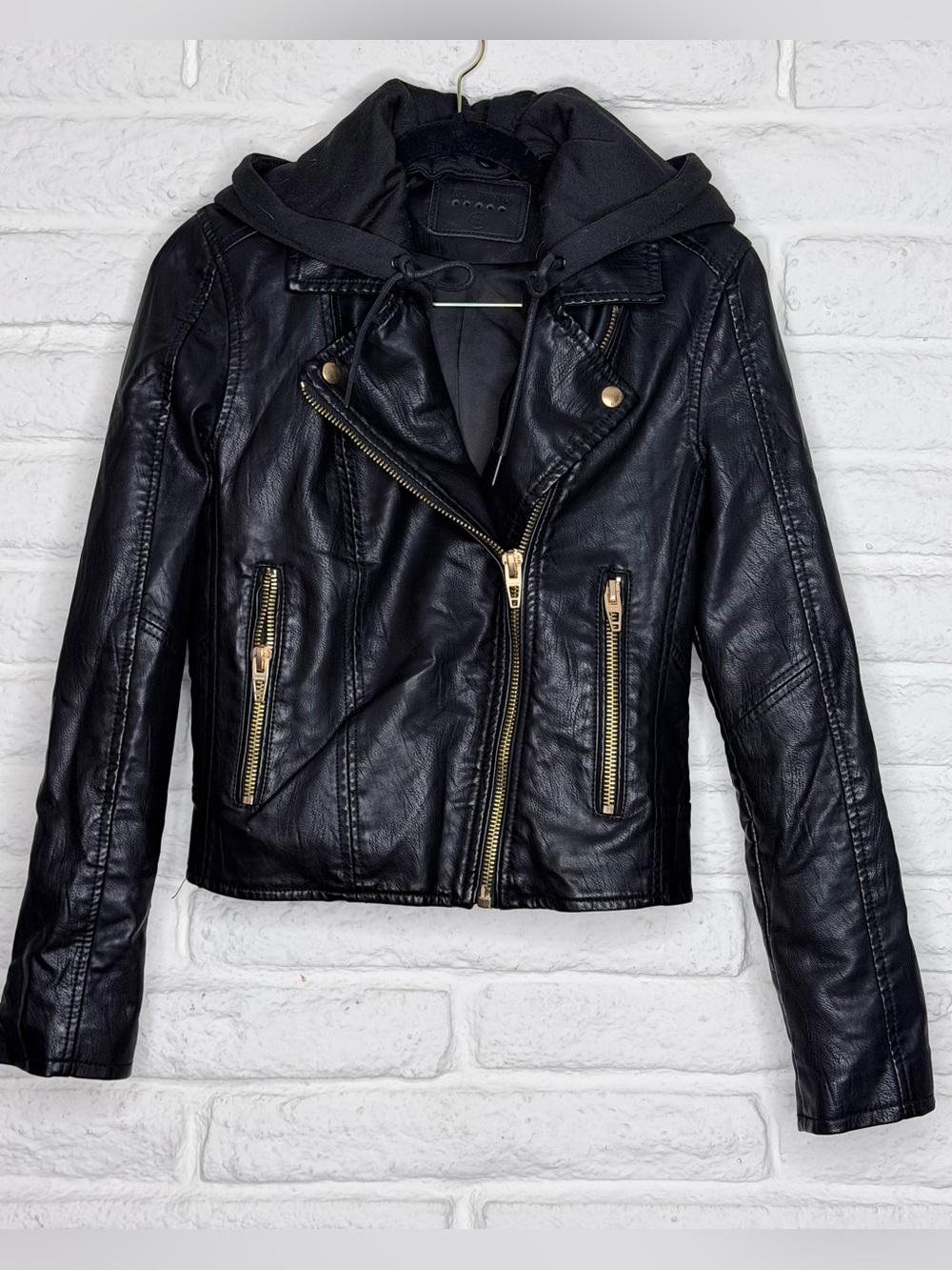 Blank NYC Black Faux Leather Hooded Moto Jacket with Gold Hardware